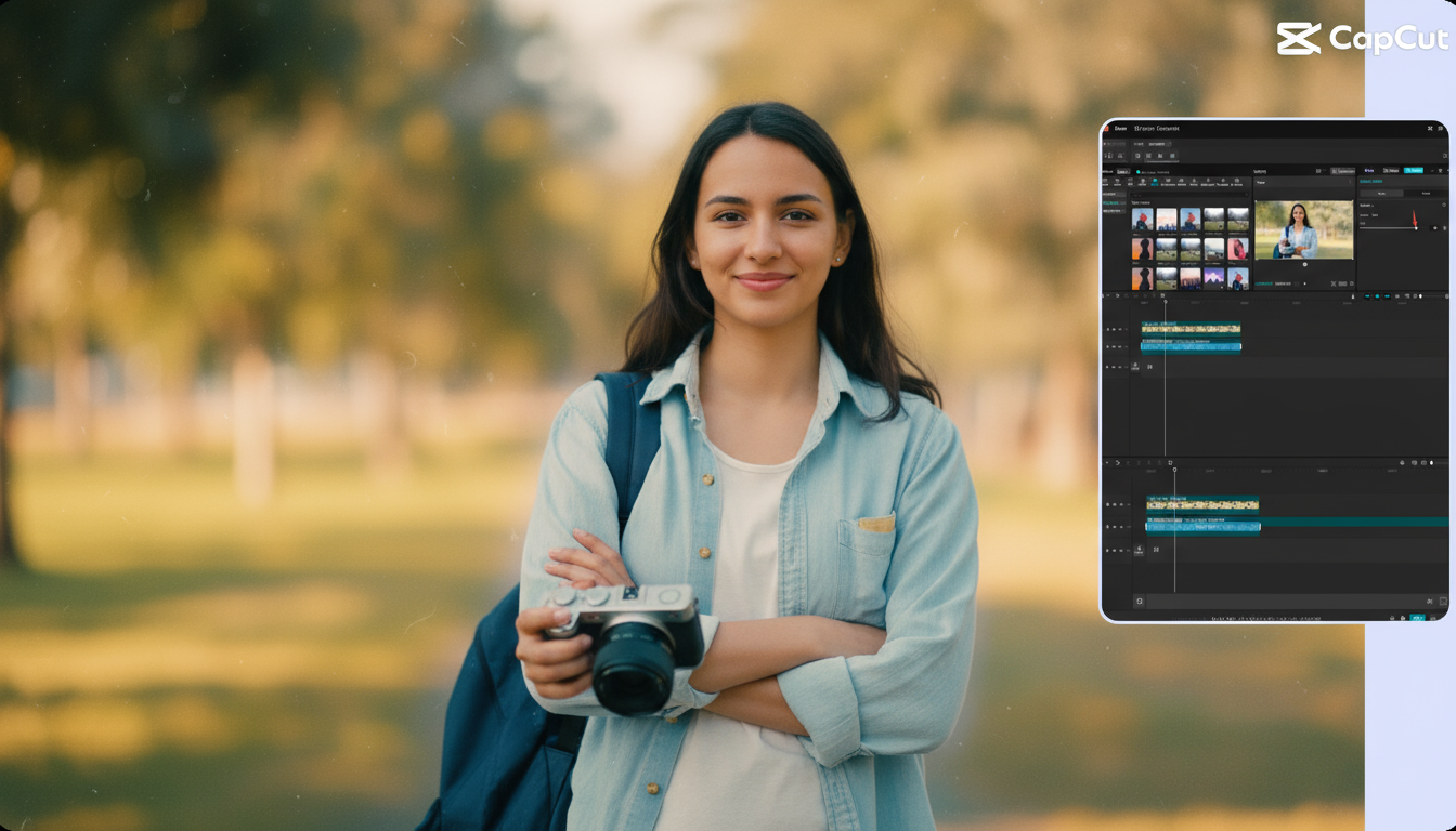 Cinematic travel vlog cover image: a solo traveler in focus at golden hour with soft round bokeh and shallow depth of field; filmic teal-and-orange grading, subtle grain, clean negative space for copy; 16:9 (1920x1080); no app UI or step screenshots.
