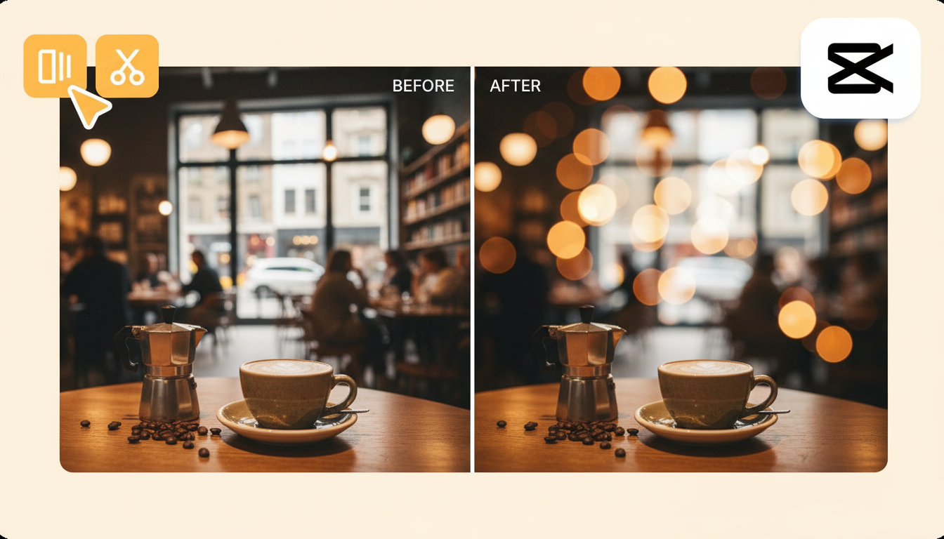 Brand-agnostic hero image with a clear before-and-after split-screen of the bokeh effect on a non-human subject. Left side labeled "Before": a tabletop product scene (coffee cup on a cafe table) with busy, sharp background details. Right side labeled "After": strong round bokeh lights and shallow depth of field; background heavily blurred while the product remains crisp. Clean negative space on the right for copy; cinematic grading, subtle grain; 16:9 (1920x1080); no people, no logos, no UI overlays.