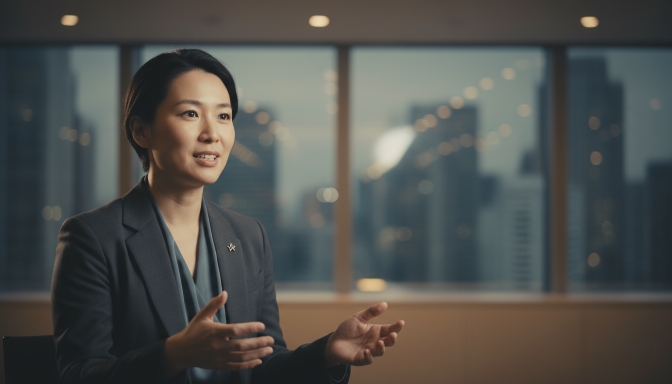 Brand-agnostic cover image for Professional Interviews and Presentations: a well-dressed professional (waist-up) presenting or speaking during an interview in a modern office/conference room; softly blurred background with natural warm office bokeh, neutral corporate palette, clean negative space on the right for copy; 16:9 (1920x1080); no logos, no UI, no step-by-step screenshots.