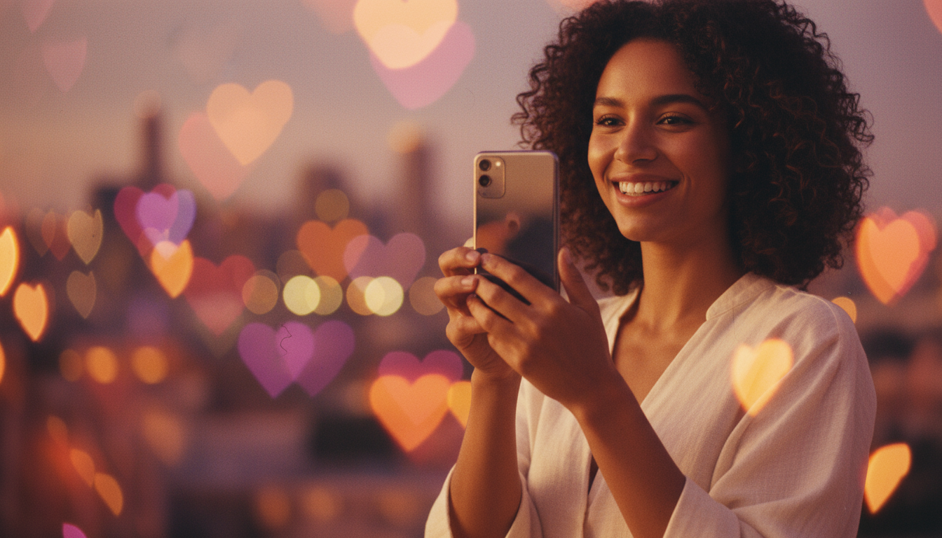 Engaging Social Media Stories cover: a sharply focused person holding a phone with expressive heart-shaped bokeh lights in the background; vibrant warm pink/purple/orange palette, cinematic shallow depth of field, clean negative space for copy; 16:9 (1920x1080); brand-agnostic, no logos or UI overlays.