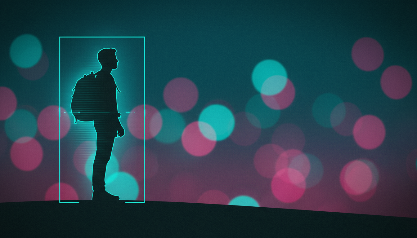 Feature cover image for AI-Powered Subject Detection: brand-agnostic human silhouette with subtle AI detection cues (outline, focus mask) against a heavily blurred background with round cinematic bokeh; clean negative space on the right; 16:9 (1920x1080); no logos or UI overlays.