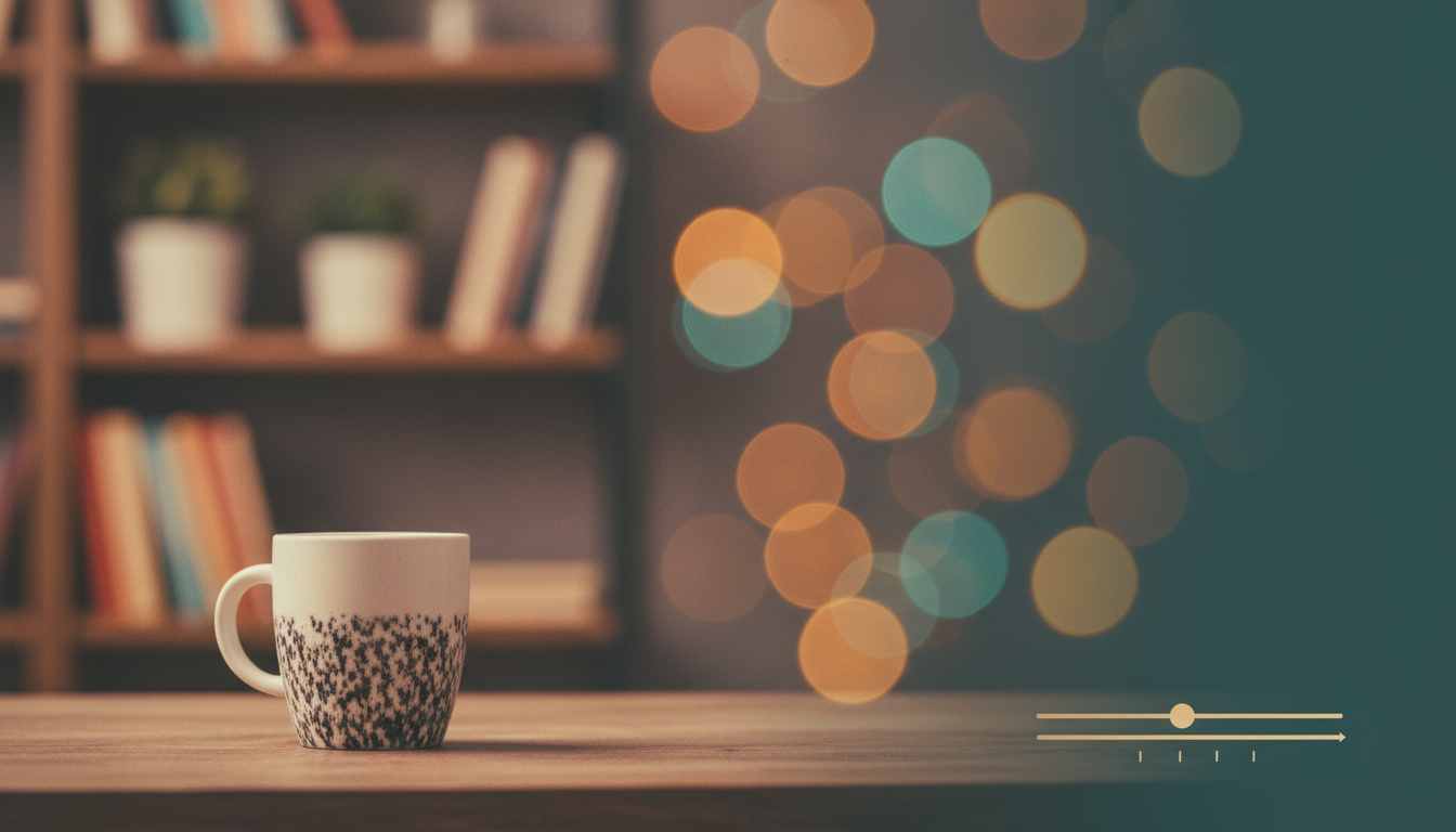 Cover image for Adjustable Blur Intensity: a crisp tabletop product (coffee cup) in the foreground with a background that transitions from subtle blur on the left to strong round bokeh on the right, suggesting adjustable blur strength. Minimal abstract slider motif, brand-agnostic, cinematic grading, subtle grain, clean negative space on the right; 16:9 (1920x1080); no logos or UI overlays.