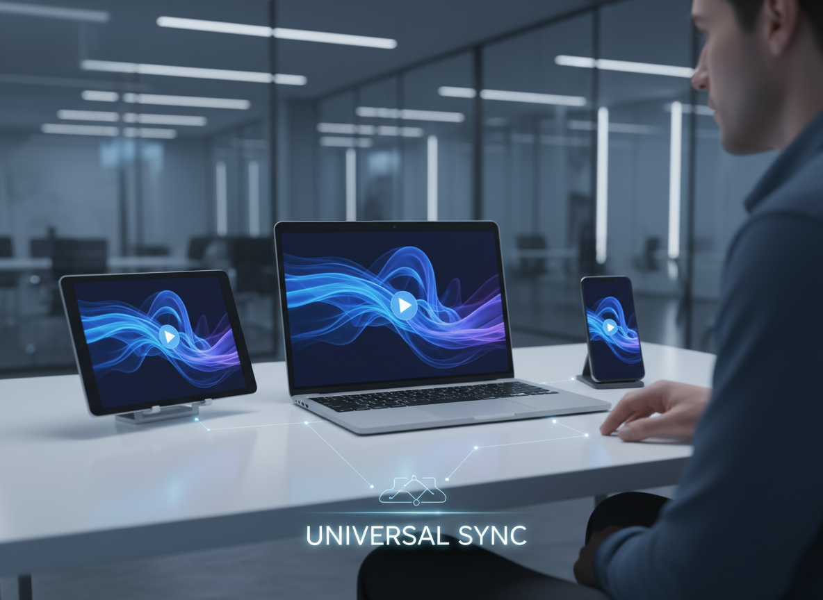 A person watching a video on a laptop, tablet, and smartphone simultaneously, demonstrating the universal compatibility of the MP4 format across all devices.