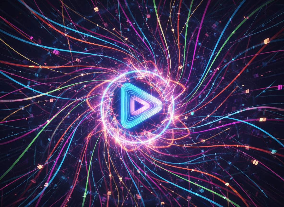 An abstract design with glowing lines and a play button, representing fast internet speeds and smooth video streaming optimized for the web.