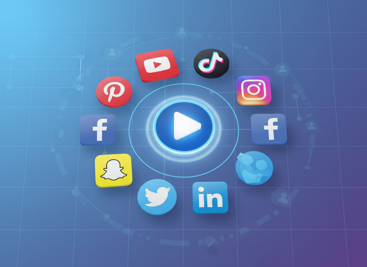 A central video player icon surrounded by the logos of popular social media platforms like YouTube, TikTok, and Instagram, indicating readiness for social sharing.