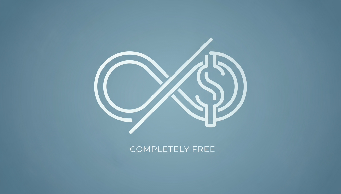 An infinity symbol integrated with a dollar sign with a strike through it, representing the unlimited and completely free nature of the service.