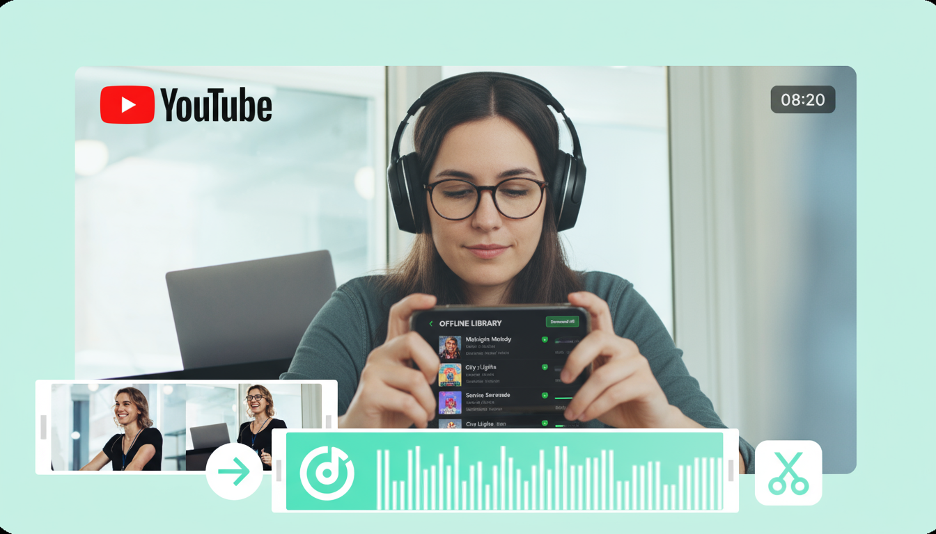 A person wearing headphones and looking at a smartphone with a music playlist on the screen, creating an offline music library.