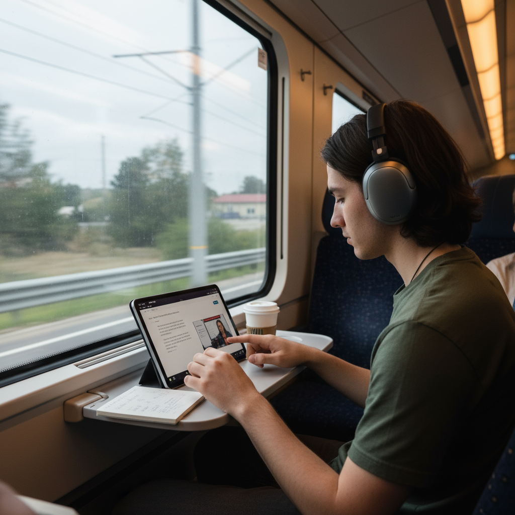 A student listening to a lecture on their headphones while on a train, showcasing the ability to learn on the go.