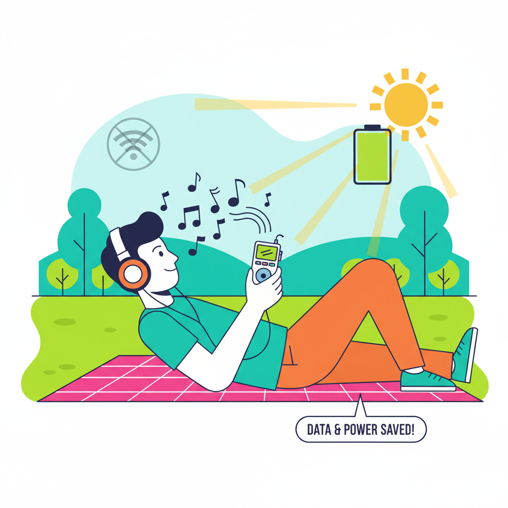 An illustration of a person listening to an MP3 player offline, representing saving data and battery.
