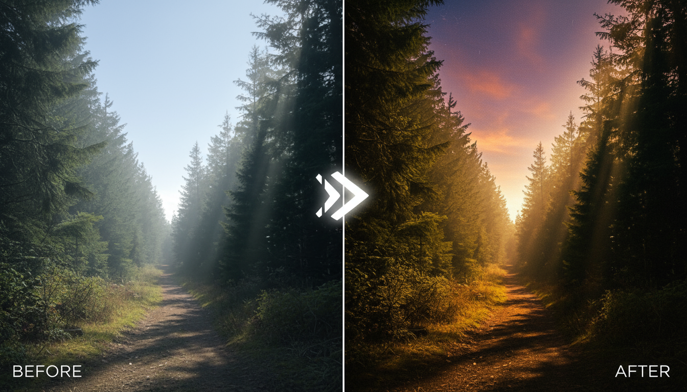 A visual representation of a LUT being applied to a video, transforming raw footage into a polished, cinematic look, without any UI elements.