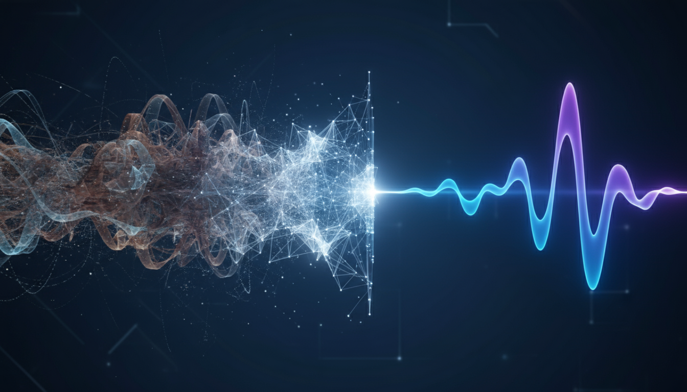 An abstract representation of AI-powered noise reduction, showing clean soundwaves.