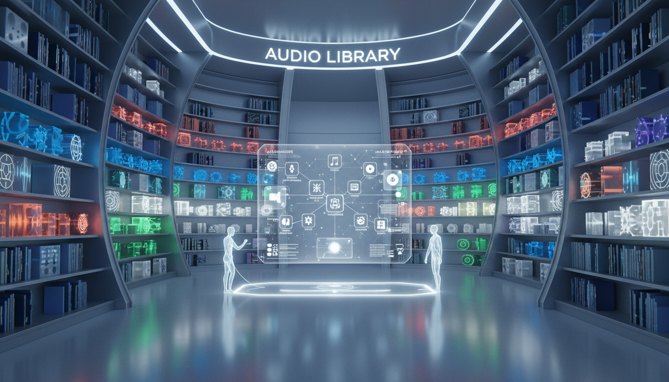 A visually stunning and aesthetically pleasing representation of an extensive music and sound effects library, in a modern and clean style.