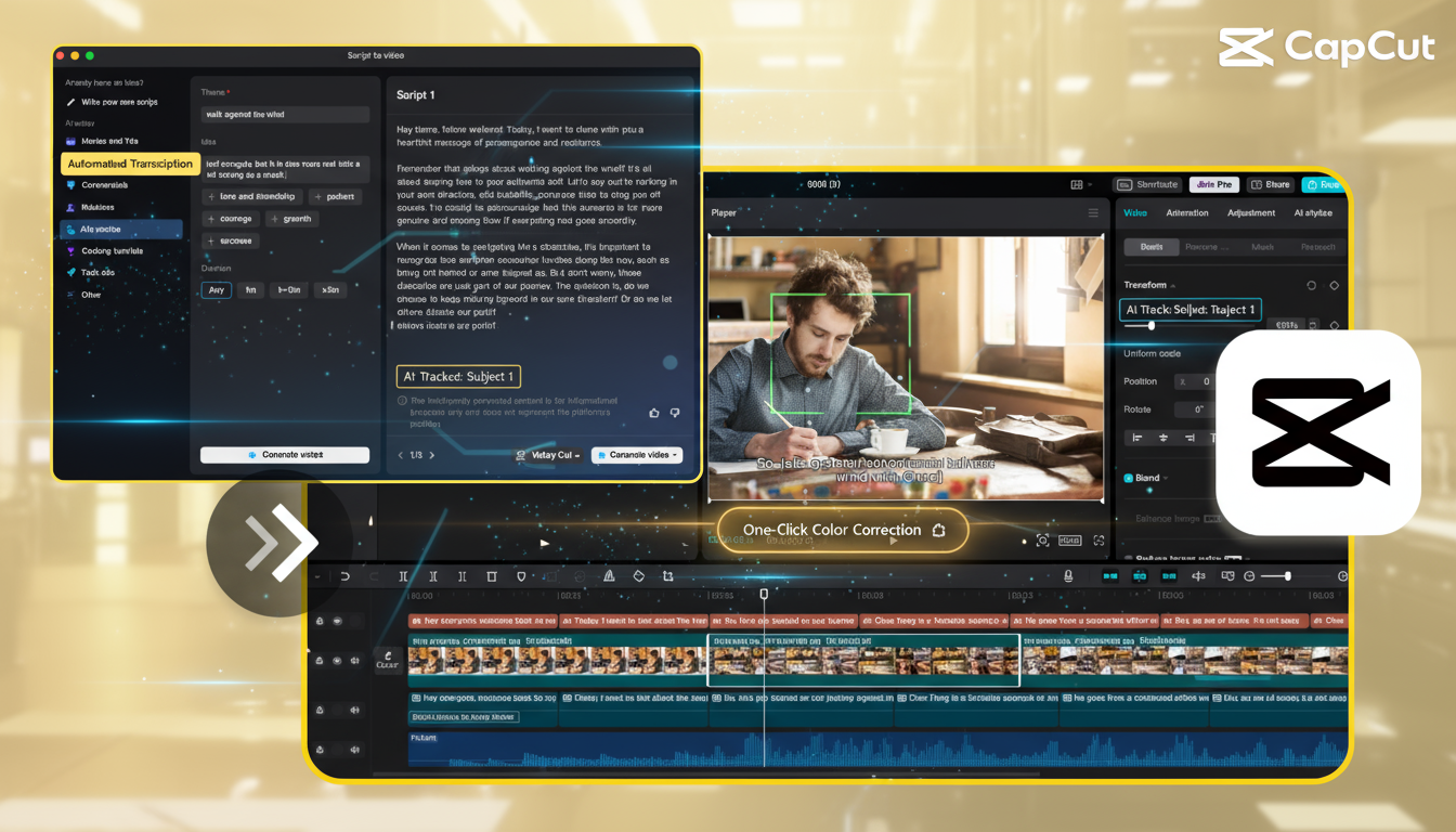 A dynamic interface displaying the multi-functional capabilities of AI-powered editing tools, including smart recognition and automated effects, demonstrating the versatility of the software.
