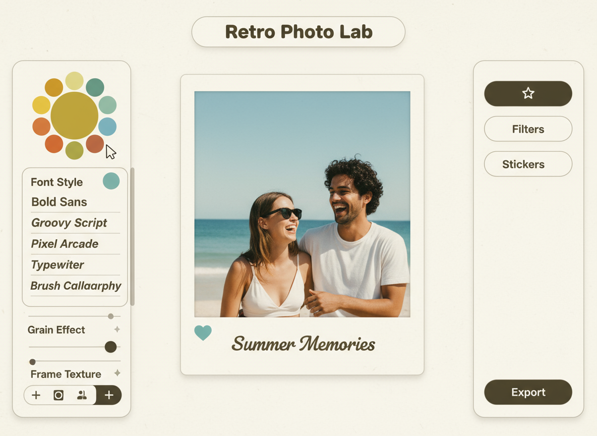 A user interface demonstrating total customization of a polaroid, including changing fonts and colors.