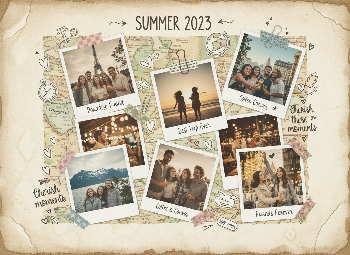 A creative digital scrapbook page filled with polaroid photos of travel memories and friends.