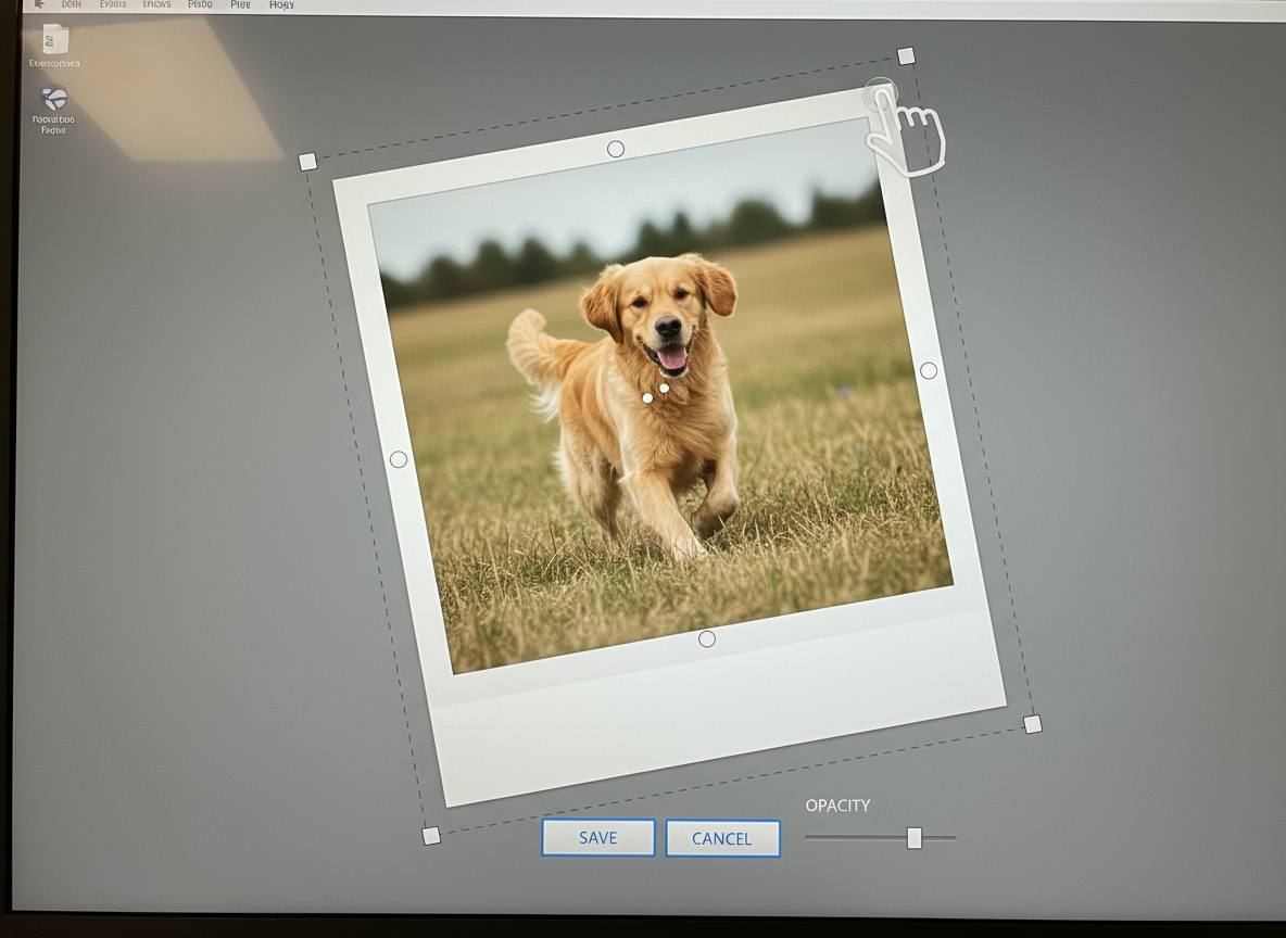 An illustration of effortless photo editing, with a picture being easily resized to fit a polaroid frame.