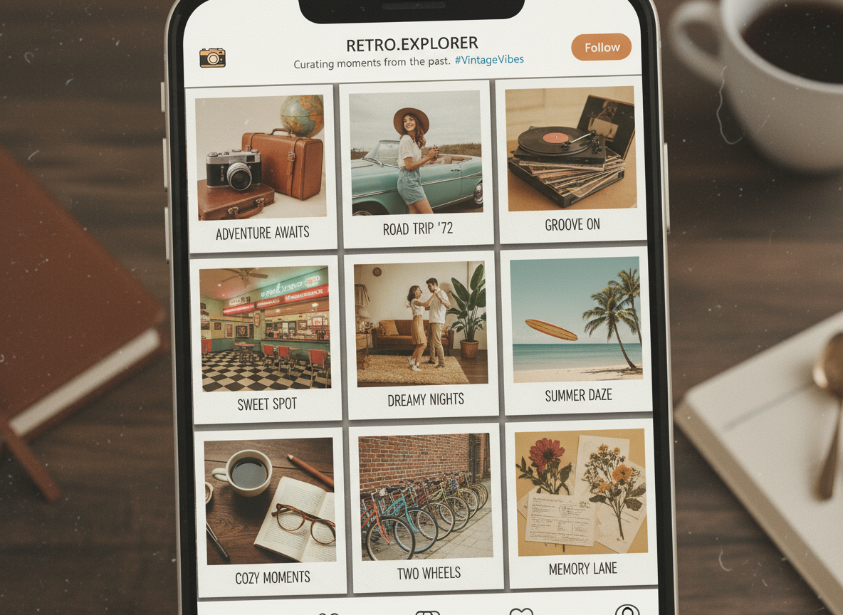 A stylish Instagram feed with a cohesive retro aesthetic achieved by using polaroid templates.
