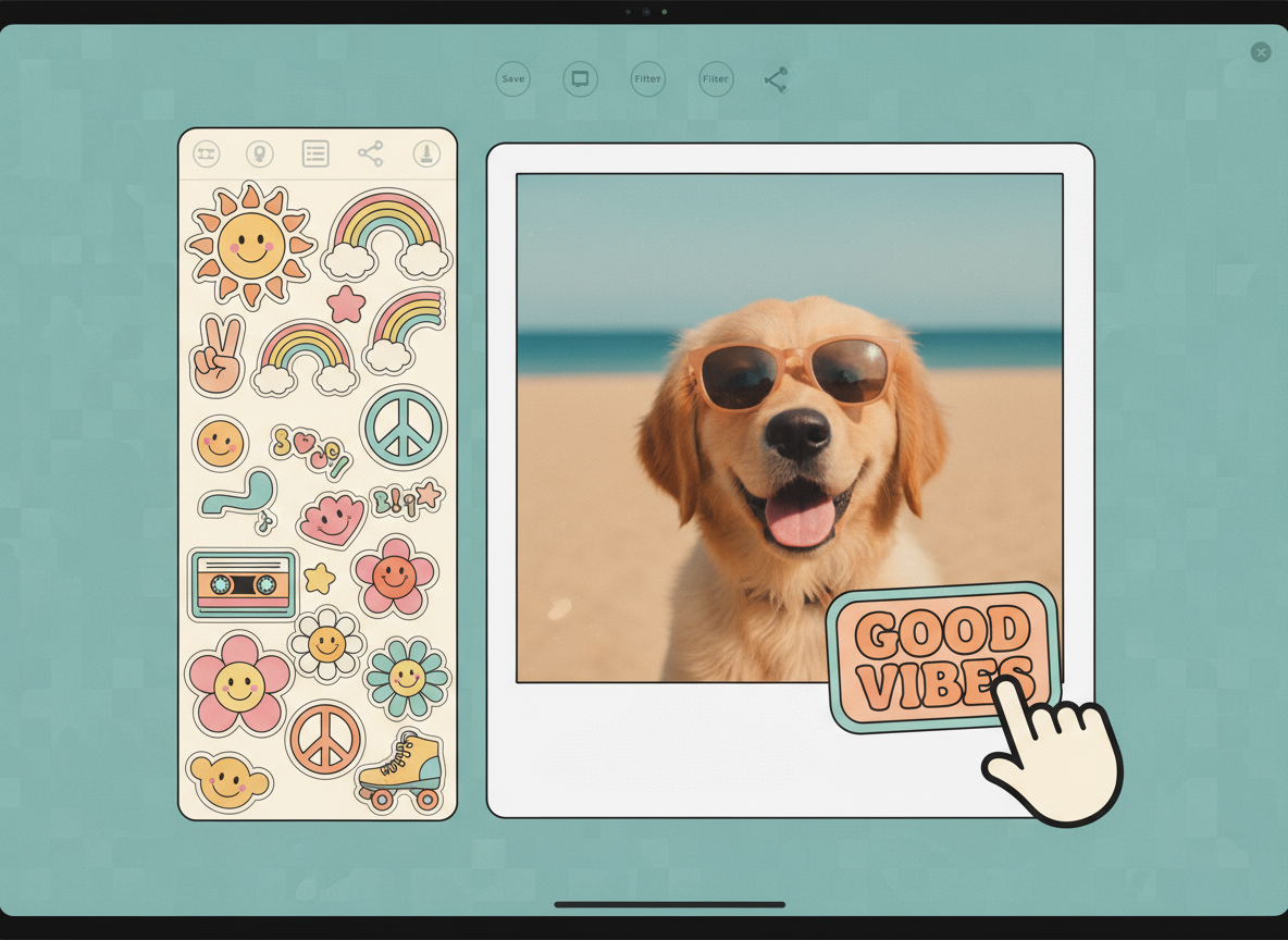 An editing screen showing a user adding a personal touch to a polaroid by dragging a cute sticker onto it.