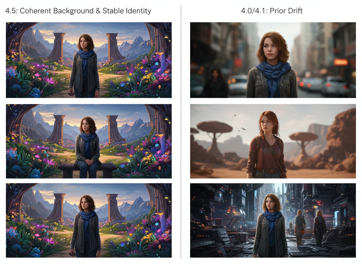 Side‑by‑side comparison of background handling showing Seedream 4.5 coherence.