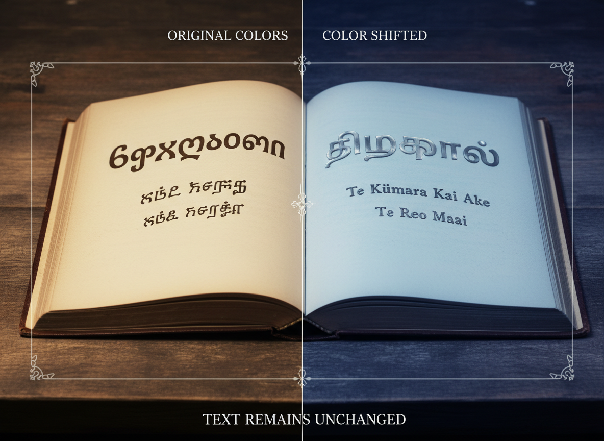 Before/after showing rare‑language text retention after color change.