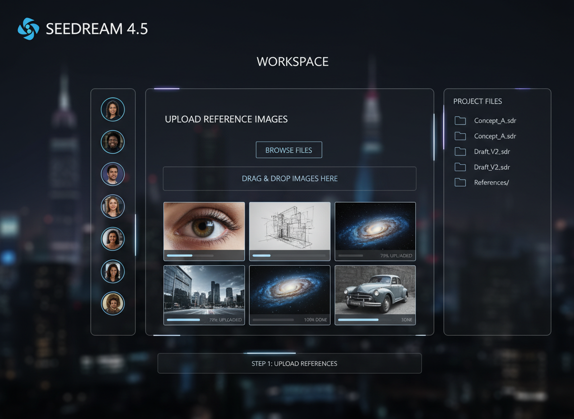 Step 1: Upload multiple reference images in Seedream 4.5 workspace.