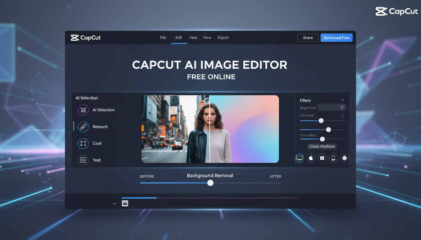 배경 제거 전/후 CapCut AI 이미지 편집기 무료 인터페이스를 보여주는 히어로 배너
