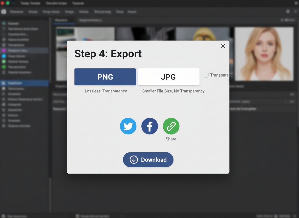 Step 4: Export PNG/JPG with transparency and share options