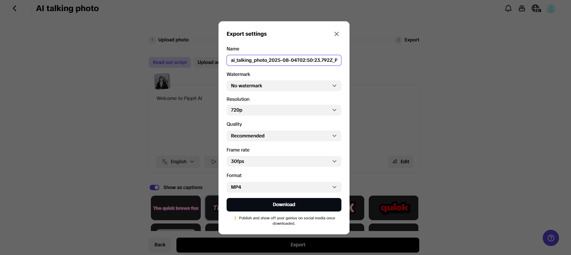 Exportar e baixar configurações no Pippit