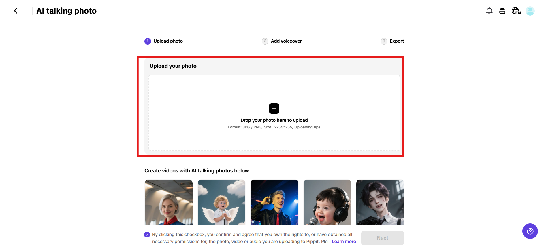 Envie uma foto para a ferramenta de IA fotos falantes Pippit