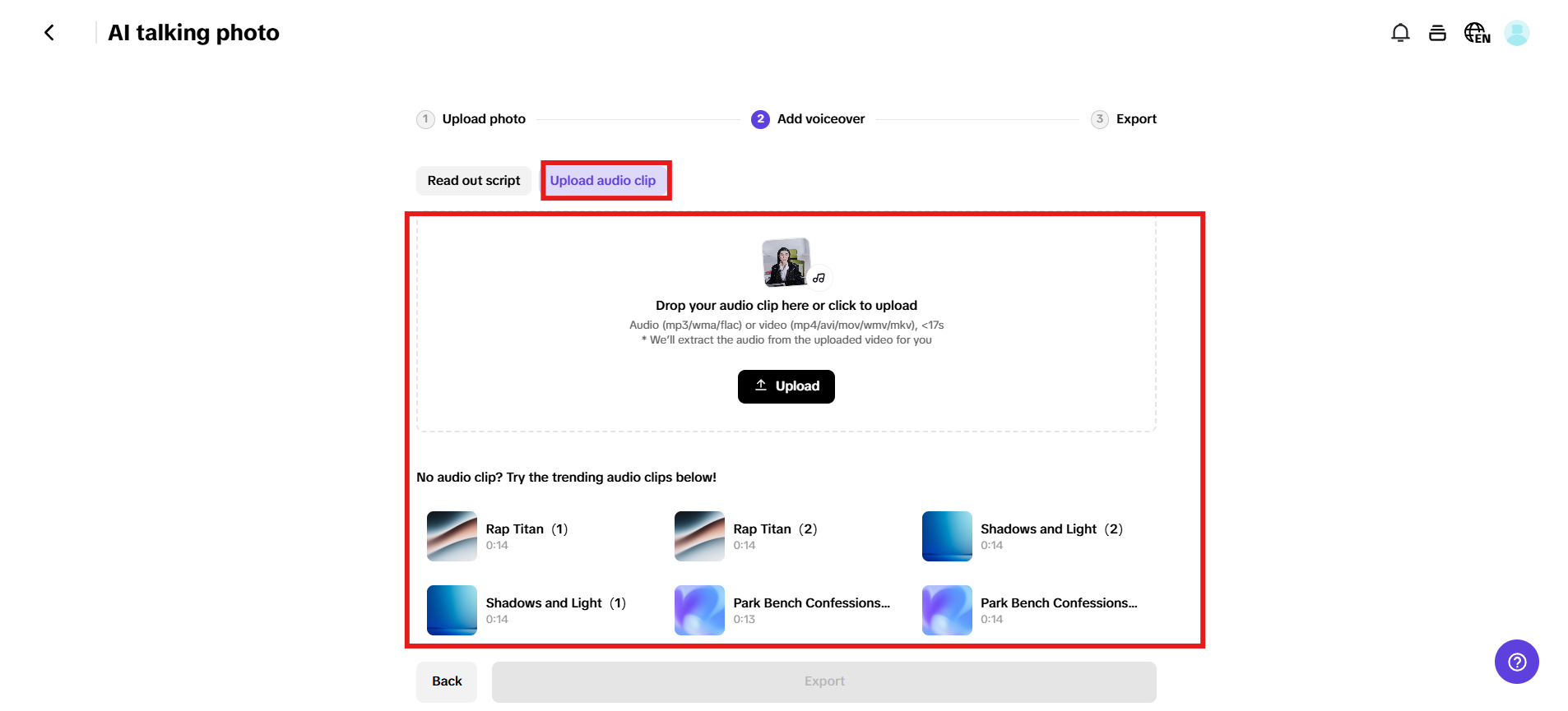 Carregar clipe de áudio no Pippit