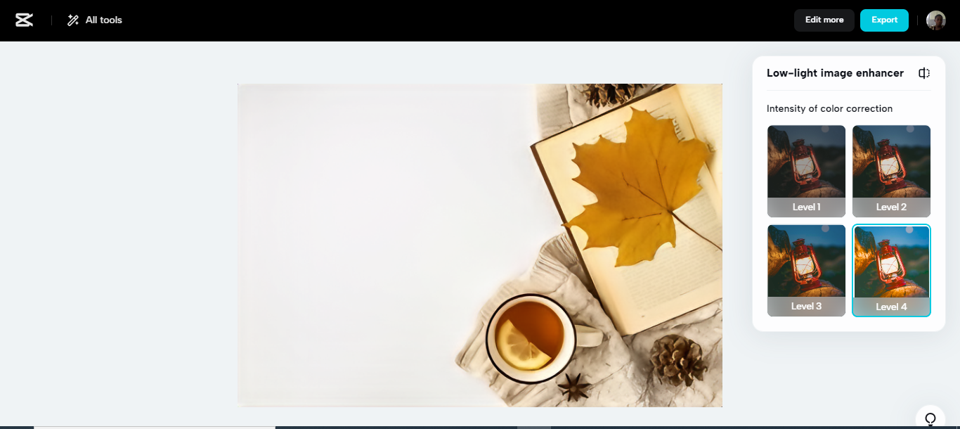 Export image in CapCut low-light image enhancer
