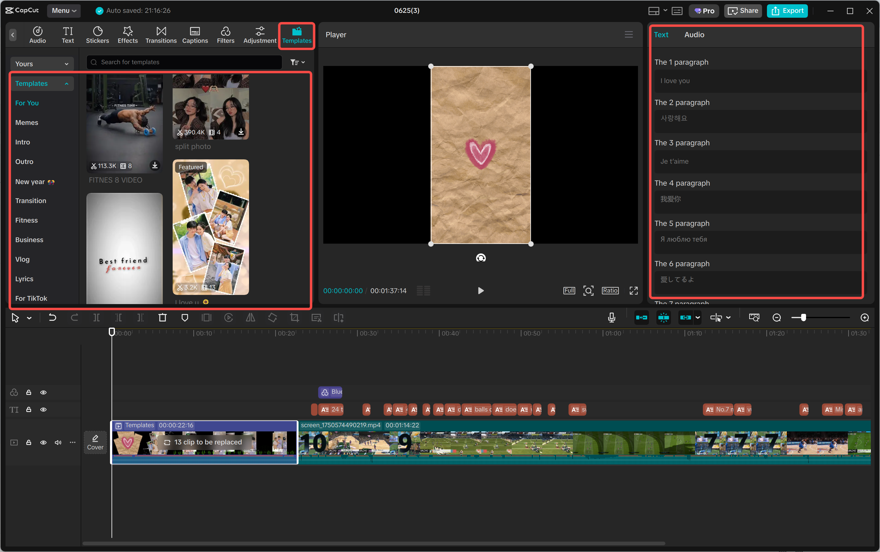 Screenshot of CapCut desktop editor showing the Templates option in the side panel.