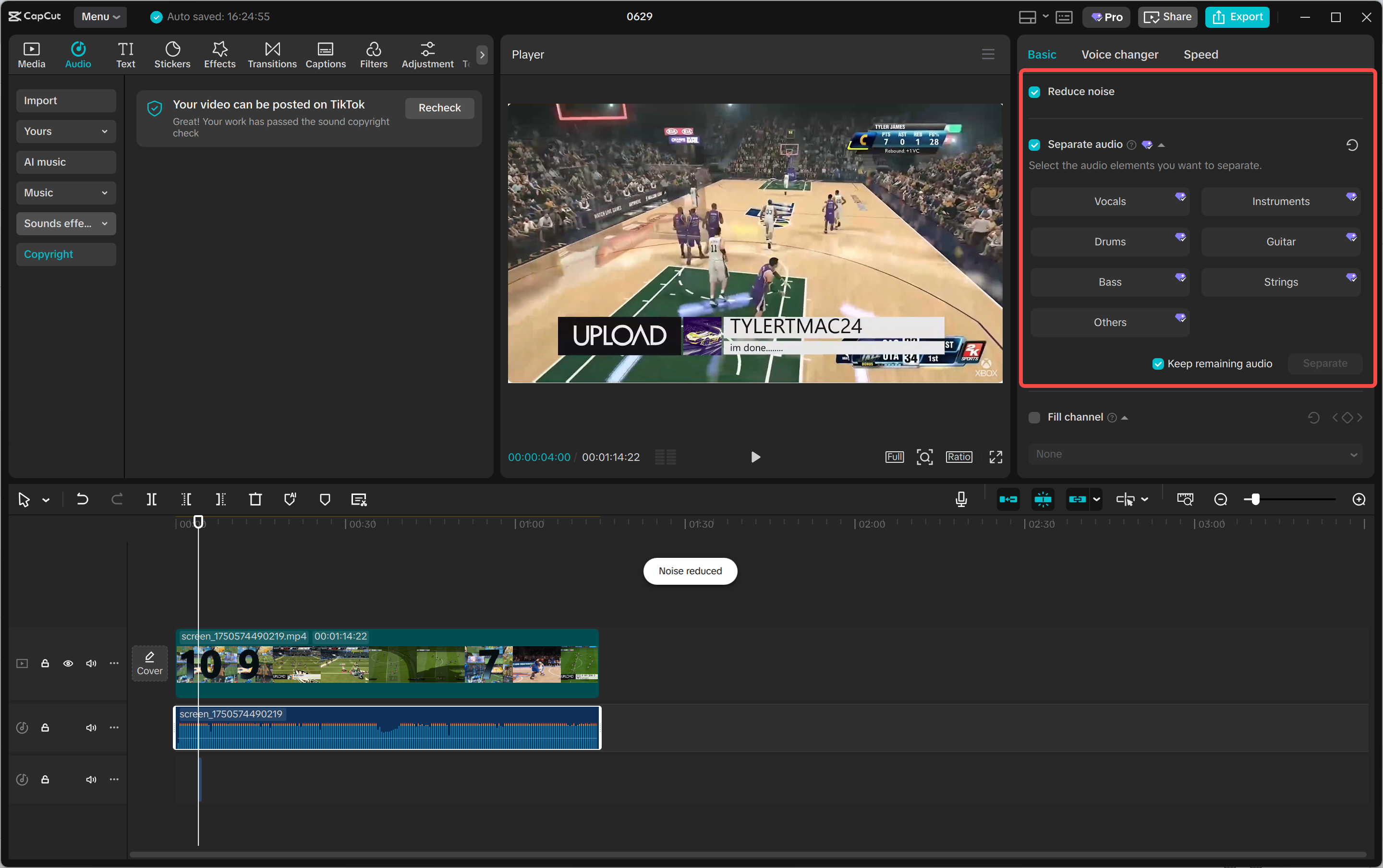 Applying the Reduce Noise feature in CapCut