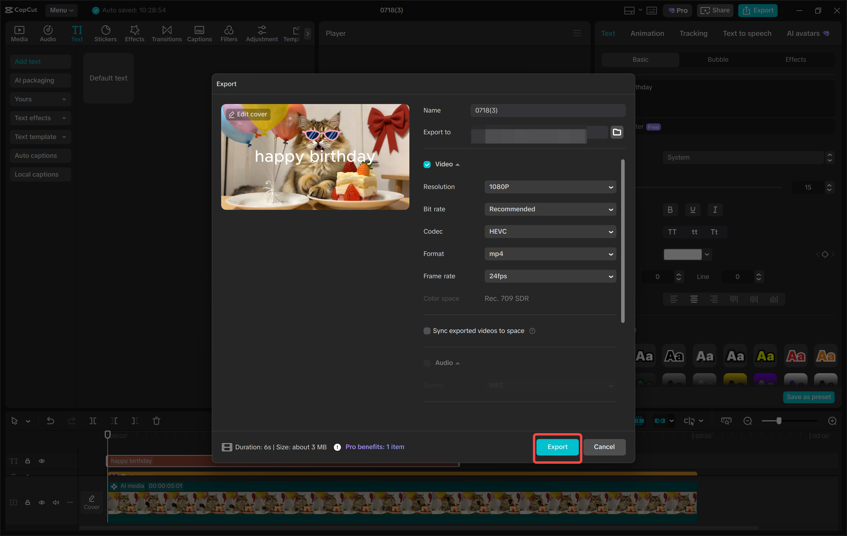 CapCut desktop export and share panel