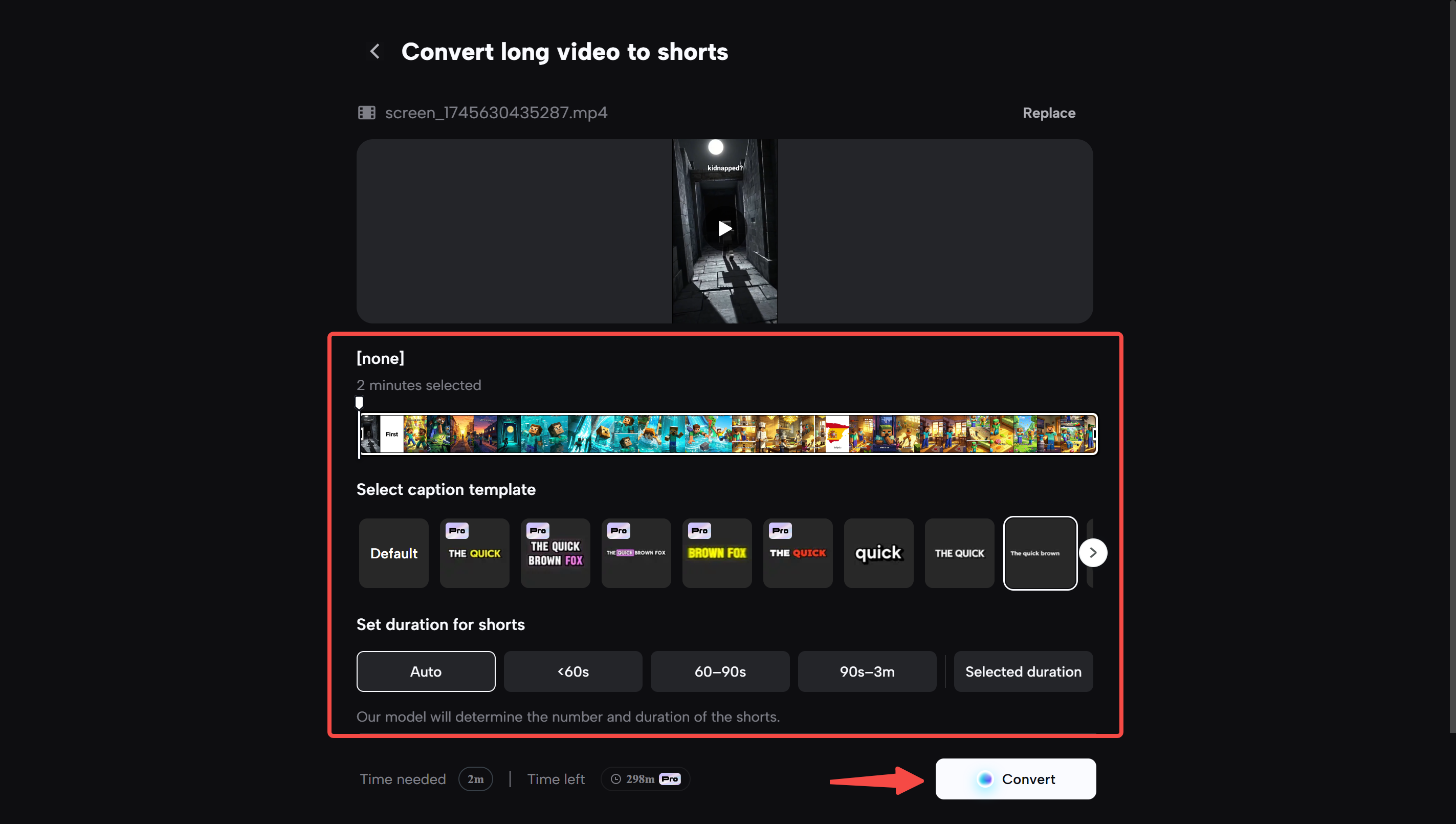 Caption template and duration settings in CapCut